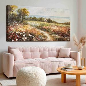 YETHEN WAL Floral Wildflower Meadow Wall Art Countryside Cottage Landscape Canvas Print, Rustic Farmhouse Coastal Dcor for Hallway Living Room Bedroom, 2040 Inch