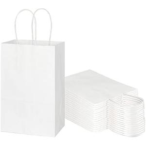 Toovip 48 Pack 5.25x3.25x8.25 Inch Small White Kraft Paper Bags with Handles Bulk, Gift Wrap Bags for Favor Grocery Retail Party Birthday Shopping Business Goody Craft Merchandise Take Out Cub Sacks