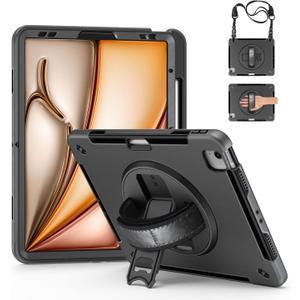 Junfire Protective Case for iPad Air 13-inch Case M4/M3/M2(2026/2025/2024), Shockproof Rugged iPad Air 13 Case with 360Rotating Kickstand/Hand Strap/Shoulder Strap/Stylus Holder-Black