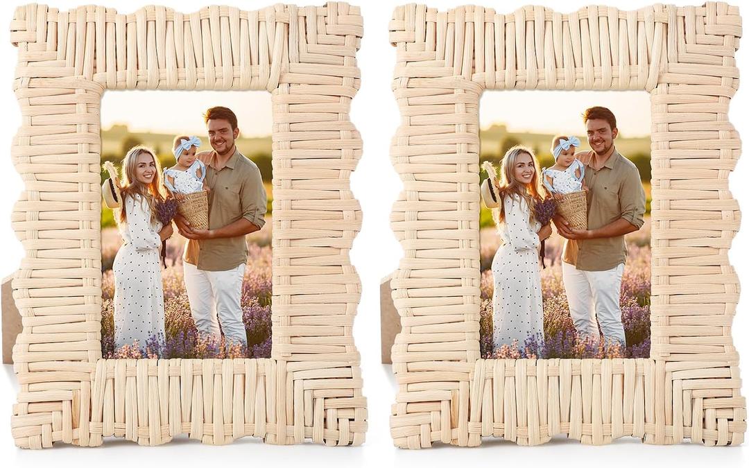 Lineshading 2 Pack Scalloped Woven Wicker Picture Frame 4 x 6 Inch Rattan Photo Frame for Wall Tabletop Display Home Decor Accessories Gifts for Family Friends
