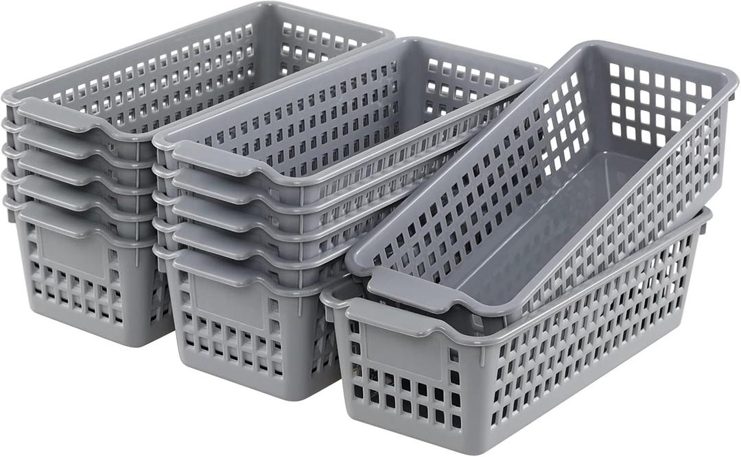 Yuright 12 Pack Narrow Baskets for Storage, Grey Small Plastic Storage Baskets, Grey 