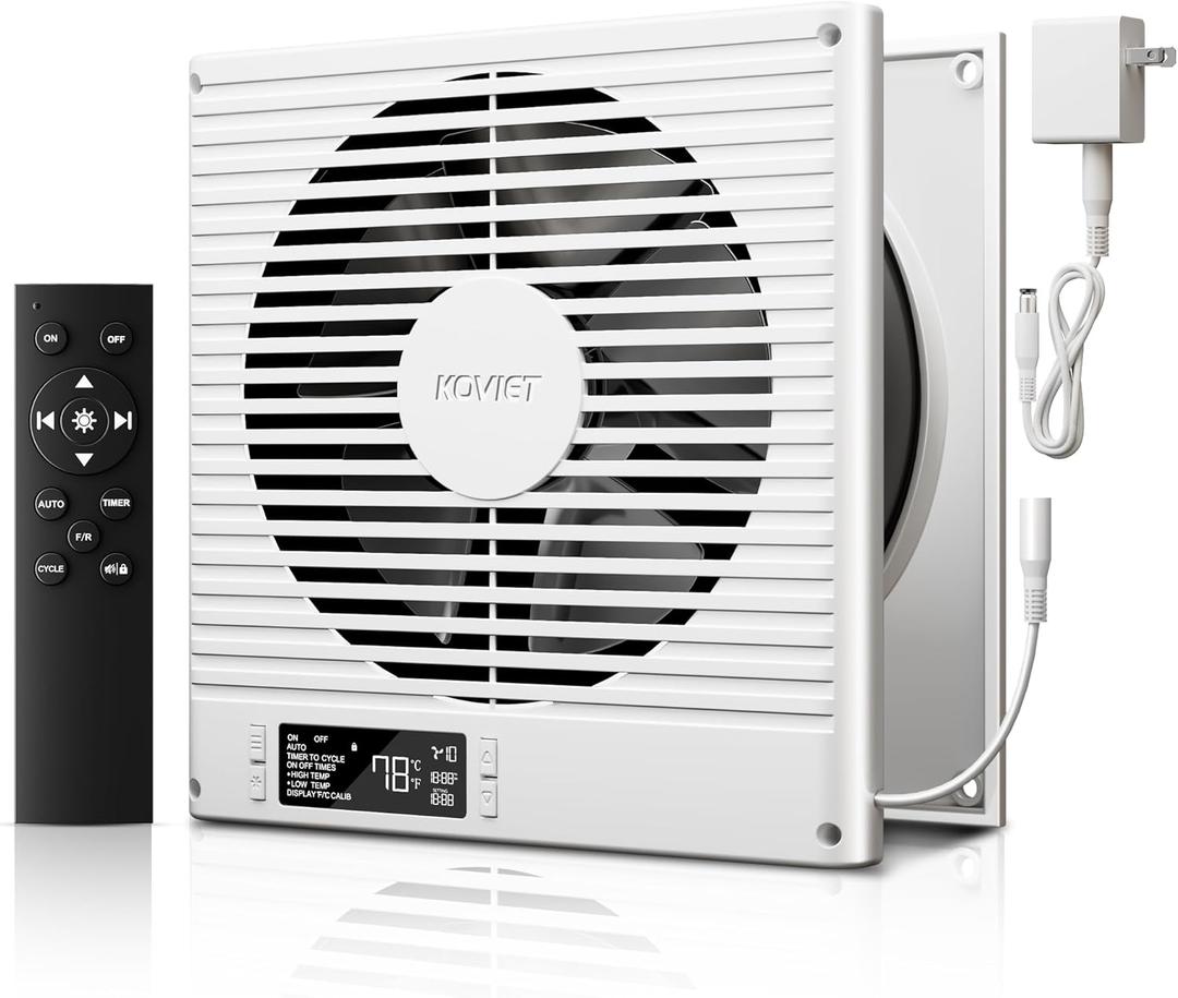 KOVIET 8" Room to Room Ventilation Fan with Remote, Quiet Reversible Through the Wall Air Transfer Fan, 10-Speed Smart Exhaust Vent, Temperature Control, ETL Certified for Bedroom, Kitchen, Laundry (White)
