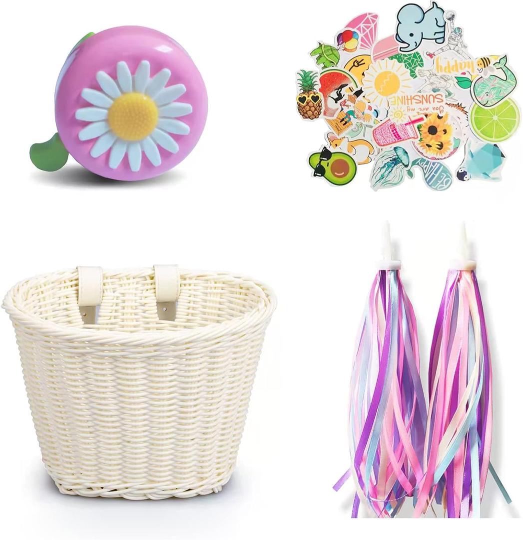 Kid's Bicycle Basket,Colored Tassels Wicker Front Handlebar Bike Basket Handlebar with Streamers Bell and Stickers,Bicycle Decoration for Girls and Boys (White)
