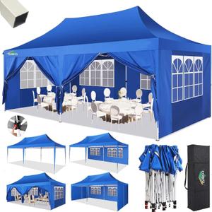 COBIZI 10x20 Pop Up Canopy with 6 Sidewalls,10x20 Canopy Tent Frame Upgraded with 3 Adjustable Heights,Waterproof UV50+ Outdoor Party Commercial Ez Up Gazebos with Carry Bag(10 x 20 ft Blue)