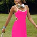 LAMISSCHE Womens Tennis Dress Built in Bra and Shorts Athletic Golf Mini Dress Backless Cut Out Onesie Romper (Pink, L)