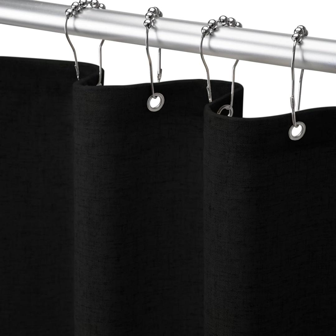 Linen Shower Curtain Black, Fabric Boho Farmhouse Shower Curtains for Bathroom Cotton Natural Cloth Liner Set 72" W x 90" L