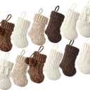 Farmhouse Knitted Mini Christmas Stockings: 12 Pack 7 Inch Earth Tones Neutral Cable Knit Fireplace Stockings, Rustic Cozy Hanging Xmas Stocking Decorations for Family Holiday Dcor, White Beige Brown