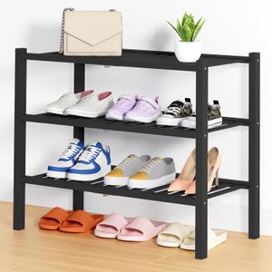 Smiry Shoe Rack, 3 Tier Thick Bamboo Shoe Organizer, Stackable Free Standing Wooden Shoe Storage Shelf for Closet, Entryway, Front Door Entrance, Black