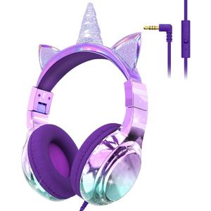 QearFun Kids Unicorn Headphones Wired with Mic, 85/94dB Safe Volume Limit, Sparkly Wired Headset, Foldable, Sharing Port & Tangle-Free Cord for School, Chromebook, Tablet, Travel, Boys & Girls