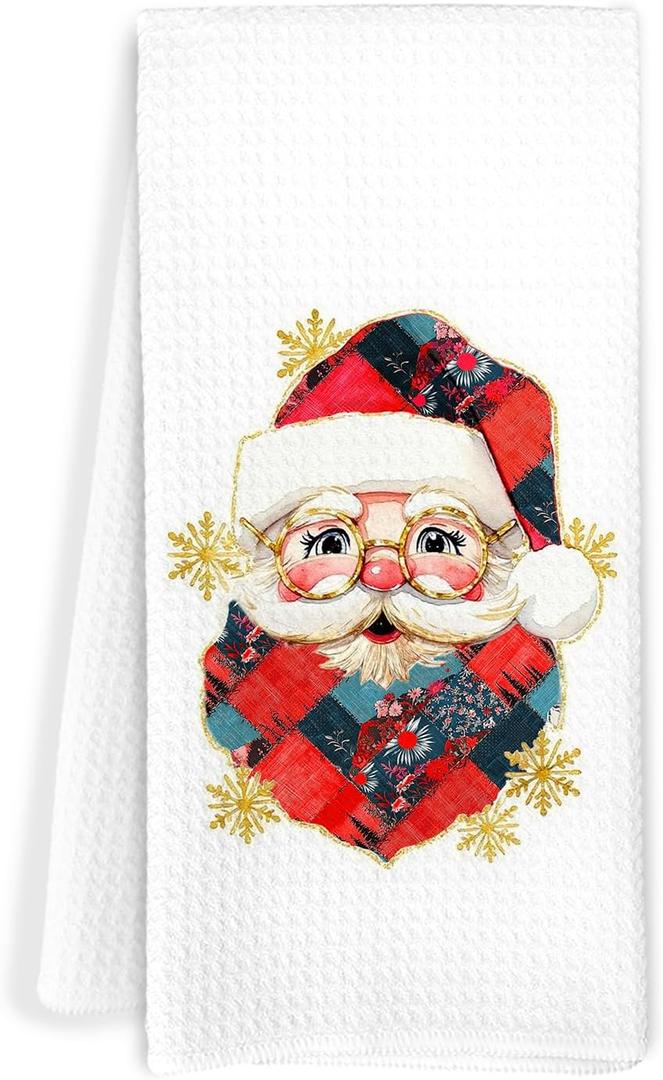 Vintage Santa Christmas Kitchen Towels, Christmas Patchwork Santa Snowflake Decorative Hand Tea Towels for Bathroom, Xmas Winter Holiday Dish Towel Dishcloth, 16x24 Inch