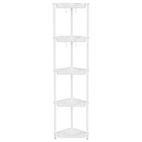 Orimade Rustproof 5 Tier Floor Standing Corner Shower Caddy Organizer, Plastic Metal Splicing Floor Corner Shelf Rack Stands for Bathroom, White