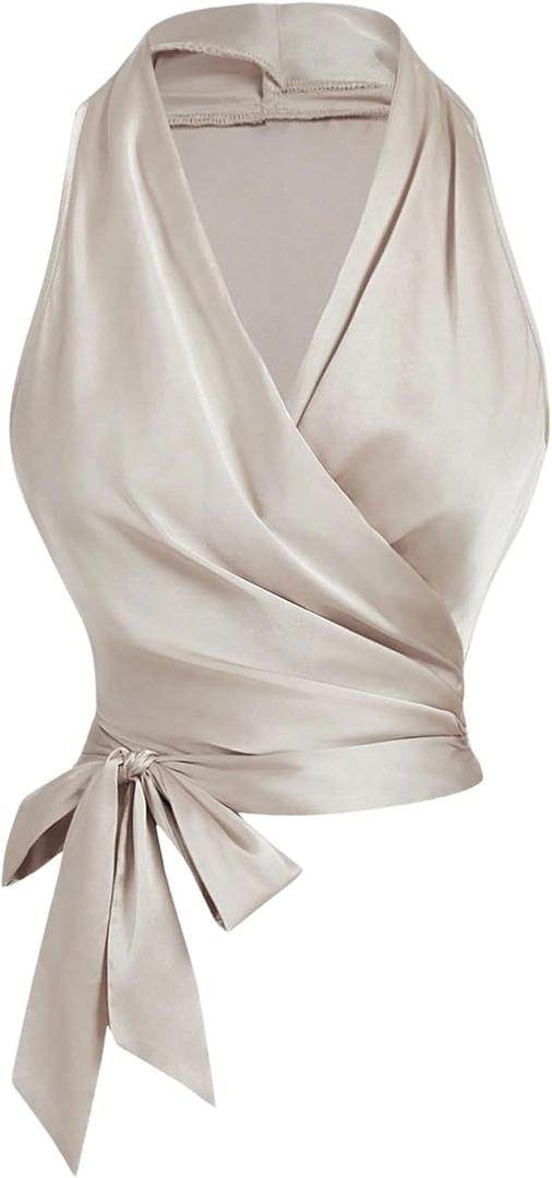 SOLY HUX Tank Top for Women Satin V Neck Wrap Tie Side Ruched Sleeveless Tops (Small, Pure Apricot)