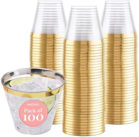 Prestee 100-Pack 9oz Gold Rimmed Plastic Cups Disposable Glasses for Charcuterie, Weddings, Parties, and Events - Elegant Cocktail and Drinking Cups for Champagne, Martini, and Mocktails, Pack of 2