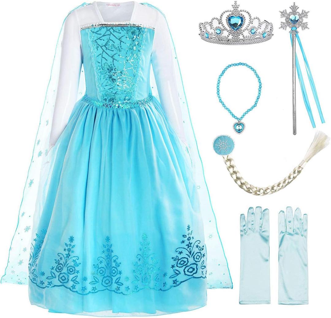 ReliBeauty Girls Sequin Princess Costume Long Sleeve Dress up, Light Blue(with Accessories), 4T