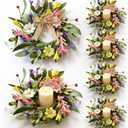 6 Pcs Mini Spring Candle Rings Wreaths Pink White Daisy Flower Small Pillar Holder Wreath Artificial Purple Wild Flower Summer Floral Wreath for Farmhouse Porch Front Door Cabinets Table Decoration