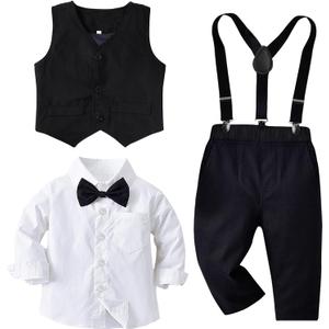 Toddler Baby Boy Clothes Suit 5Pcs Gentleman Wedding Party Outfits，Formal DressShirt+Bowtie+Vest+Suspender Pants Size: B 2-3T
