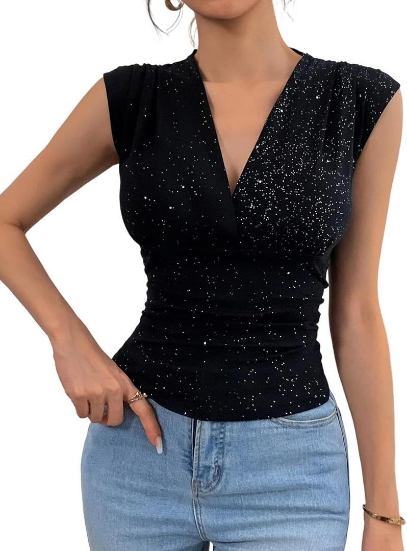 Summer Tops for Women V Neck Going Out Tops Stretchy Sequin Tank Sexy Casual Outfits 2025 Black (X-Large) (Black, XL)