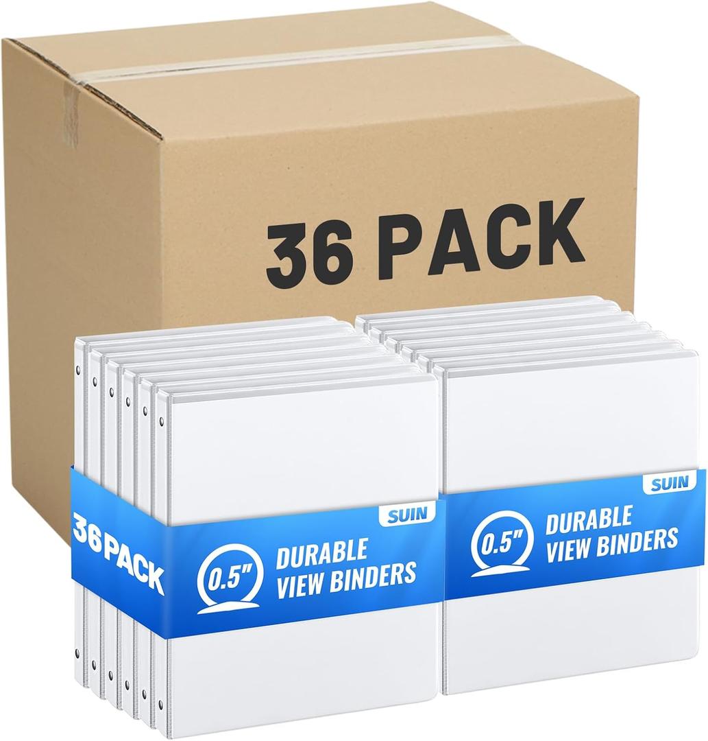 SUIN 0.5-inch 3 Ring Binder -1/2'' Binders with Roung Ring Binder, Large 100 Sheet Capacity, Fit 8.5" x 11" US Letter Size Paper, White (0.5'' White - 36 Packs)