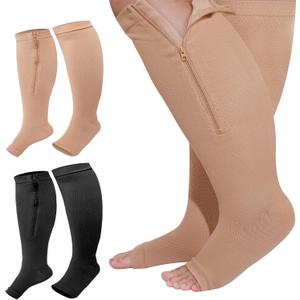 Hillban 2 Pair Plus Size Calf Zipper Compression Socks 15 to 25 Mmhg Open Toe Compression Stockings for Overweight Women Men (4X-Large, Black, Nude)