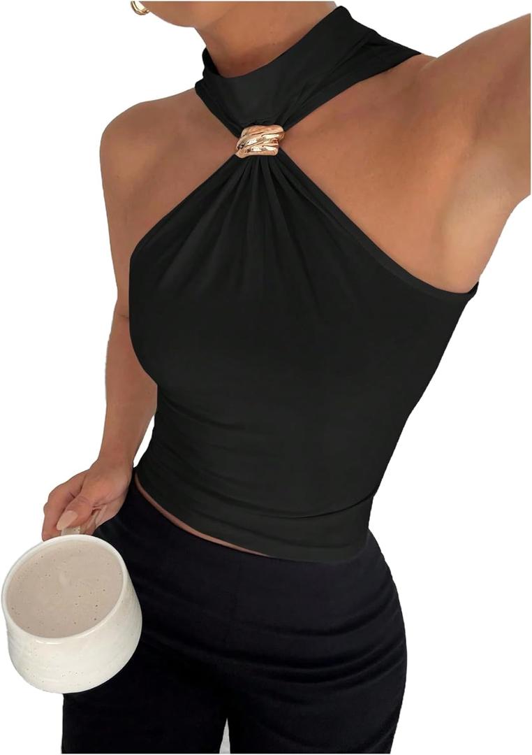 Milumia Women's Metal Mock Neck Ruched Tank Top Sleeveless Slim Fit Going Out Tops (Medium, Black)