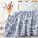 jinchan Boho 100% Cotton Blanket Muslin Twin Size 60x80 Inches Lightweight 3-Layer Geometric Square Striped Pattern Reversible Quilt Throw Soft Breathable Comfy All Seasons for Couch Bed Decor, Blue