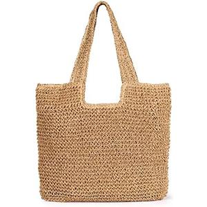 Straw Beach Bag, Women Tote Bag Woven Shoulder Bag, Handmade Large Summer Handbag Hobo Bag for Beach Picnic Vacation, Brown