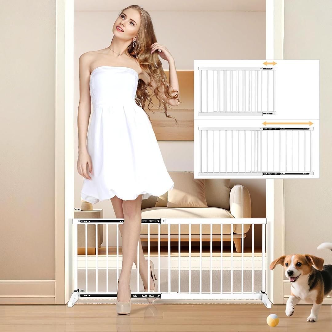 White Metal Dog Gate for Small Dogs - 17.7" Short Freestanding Puppy Gate with Retractable Sliding Rail, No Installation, Indoor/Outdoor Use, Foldable & Portable Pet Barrier