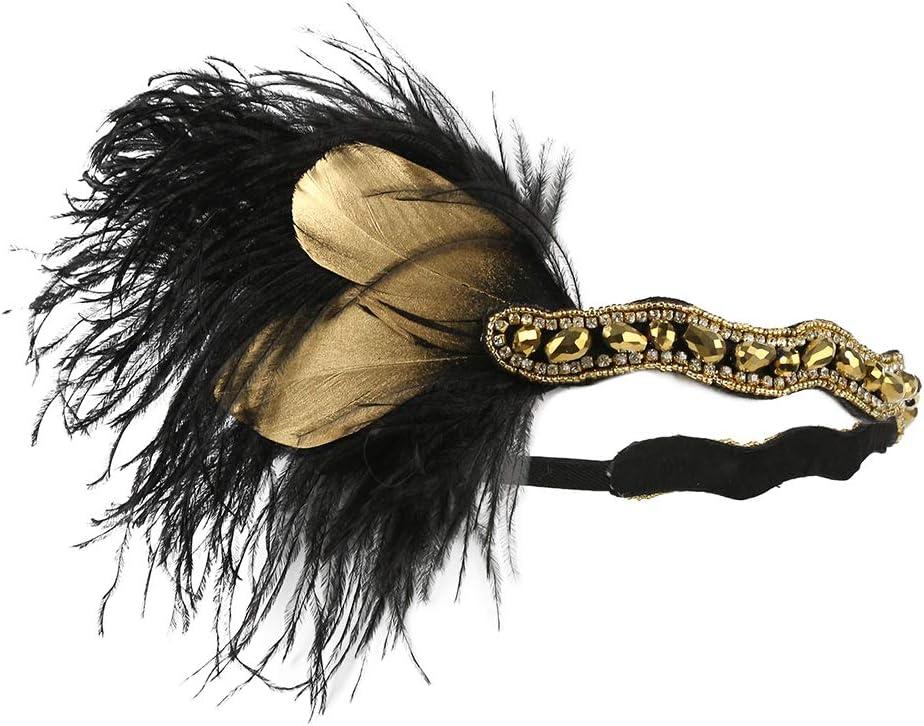 Song Qing 1920s Rhinestone Flapper Feather Headpiece Roaring 20s Great Gatsby Fascinators Accessories for Women (Hd Black)