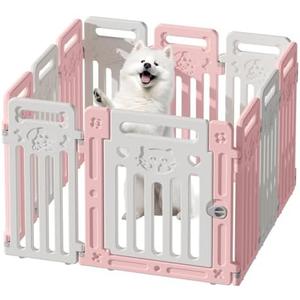 BUMUBI Dog Playpen Fence Clear Pet Puppy Foldable Kennel for Small Dogs Plastic Puppy Enclosure for Cat Rabbit Indoor Whelping Box for Dogs with Gate (Pink + White, 12 Panels+1 Door)