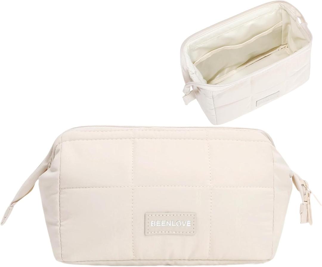 Travel Makeup Bag for Women Wide-Open Large Capacity Cosmetic Bag, Toiletry Pouch with Brush Storage, Travel Essentials Accessories(Beige)