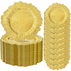 ejonirinjonir EI 50pcs Gold Charger Plates,13 Inch Charger Plates Bulk,Round Ruffled Rim Chargers for Dinner Plate,Table Chargers for Wedding,Party