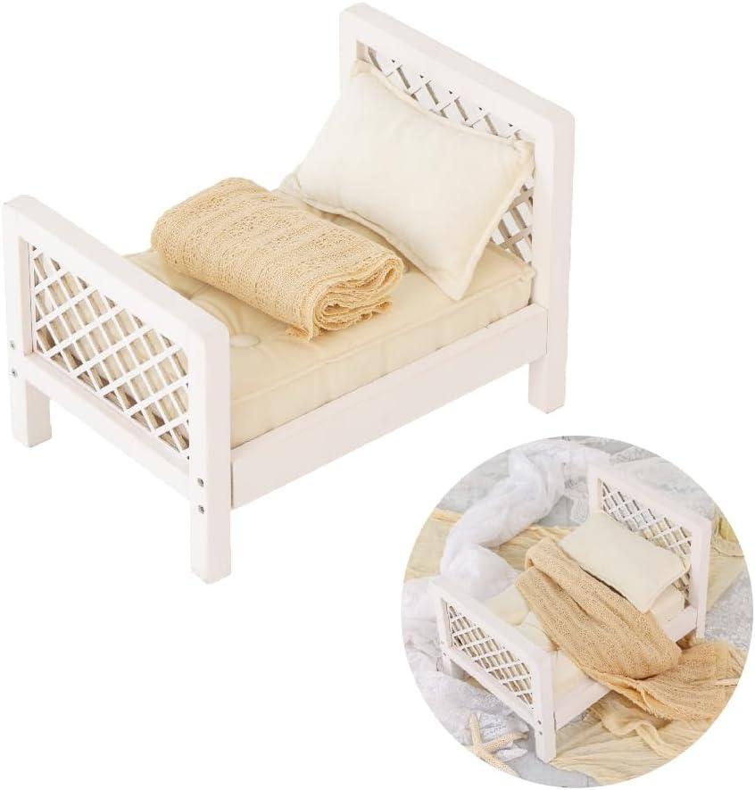 Kate Newborn Props for Baby Photography White Wooden Bed Photo Props Doll Bed with Mattress Pillow Bed Mat and Stretch Wrap for Photoshoot Studio Posing Props