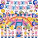 45 Pcs English Teacher Birthday Decorations, Pre-Assembled Cartoon Teacher Birthday Party Decorations for Fans, Includes Banner, Hanging Swirls, Backdrop, Balloons & Cake Topper
