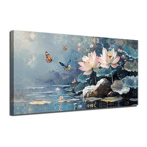 Ardemy Lotus Flower Wall Art Landscape Zen Butterfly Canvas Modern Blue Grey ...