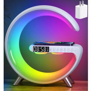 Smart LED Table Lamp, 5-in-1 Night Light Fast Wireless Charging Station, 256 Lights Mode Dimmable Bedside Lamp, Bluetooth Speaker & App Control for Bedroom, Home Decor, Alarm Clock for Festival Gifts (White)