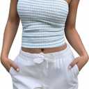Women's Striped Crop Tube Top Strapless Slim Fit Y2k Going Out Bandeau Tops (Blue, L)