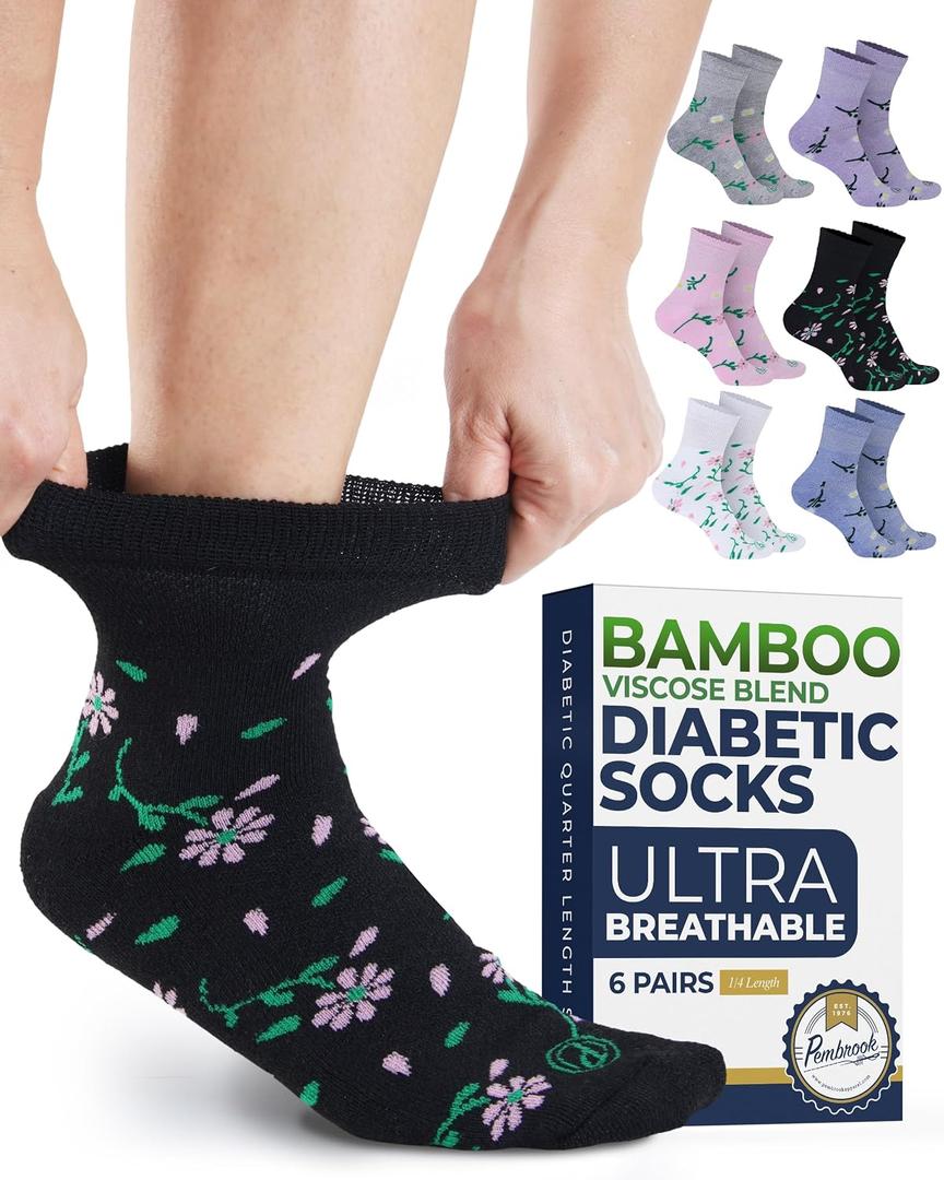 Pembrook Bamboo Viscose Diabetic Socks for Women & Men - 6 Pairs | Breathable Wide Non Binding Plus Size Socks | Loose Fit, Medium, Flowers - 6 Pairs