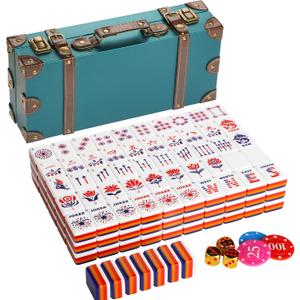 Topmahjing American Mahjong Tile Set, 166 Acrylic Carved Tiles with American Classic Culture Theme, 4-Layer Colorful Tiles, 100 Chips, 3 Dice, Vintage Classic Leather Portable Travel Case