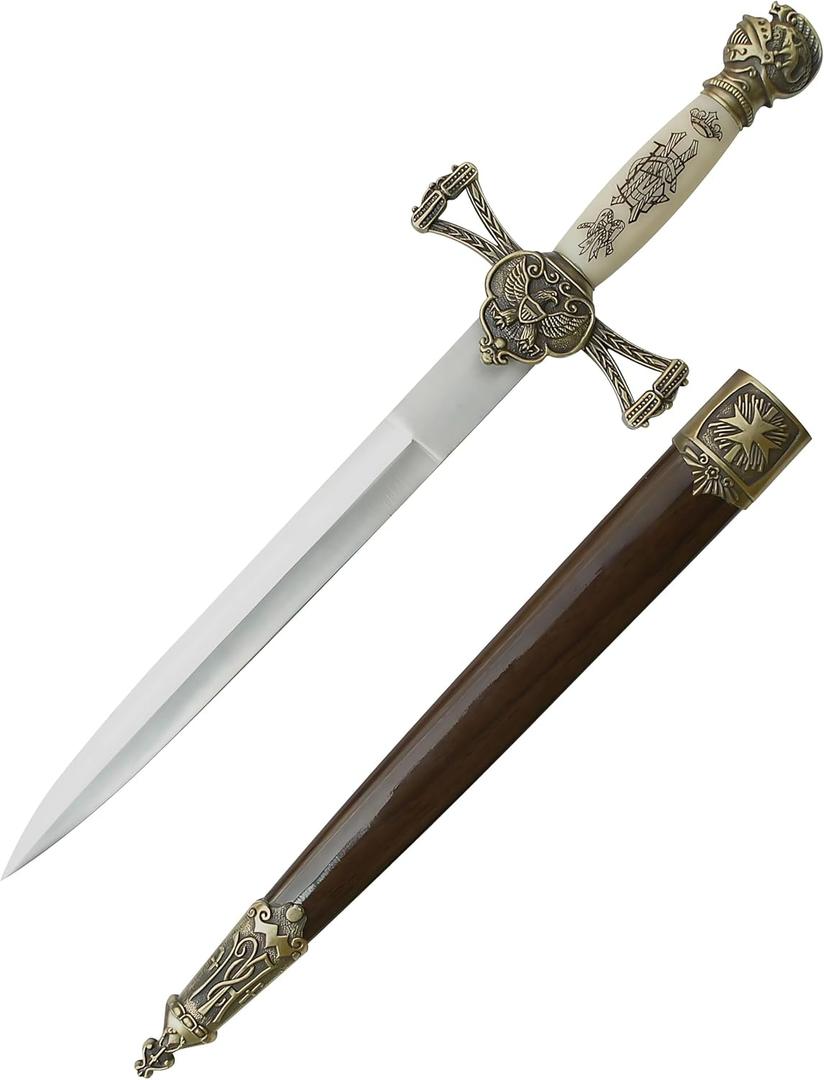 MASTER USA  Medieval Mini Short Sword, Stainless Steel Blade with Cast Metal Handle, Wood Scabbard  Fantasy, Collectible (Brown)