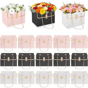 18 Pack Flower Paper Gift Bag, Paper Flower Bags for Bouquets, Flower-Boxes with Handle Wedding Bouquet Florist Handbag with Metal Chain for Gift Wedding Baby Shower Party