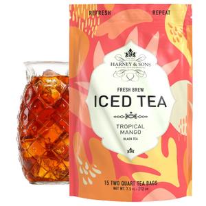 Harney & Sons Fresh Brew Tropical Mango Black Iced Tea, 15 Tea Bags | Black tea with mango, coconut, and orange flavors. 15 tea bags brew up to 30 quarts. (EXP 03/18/27)