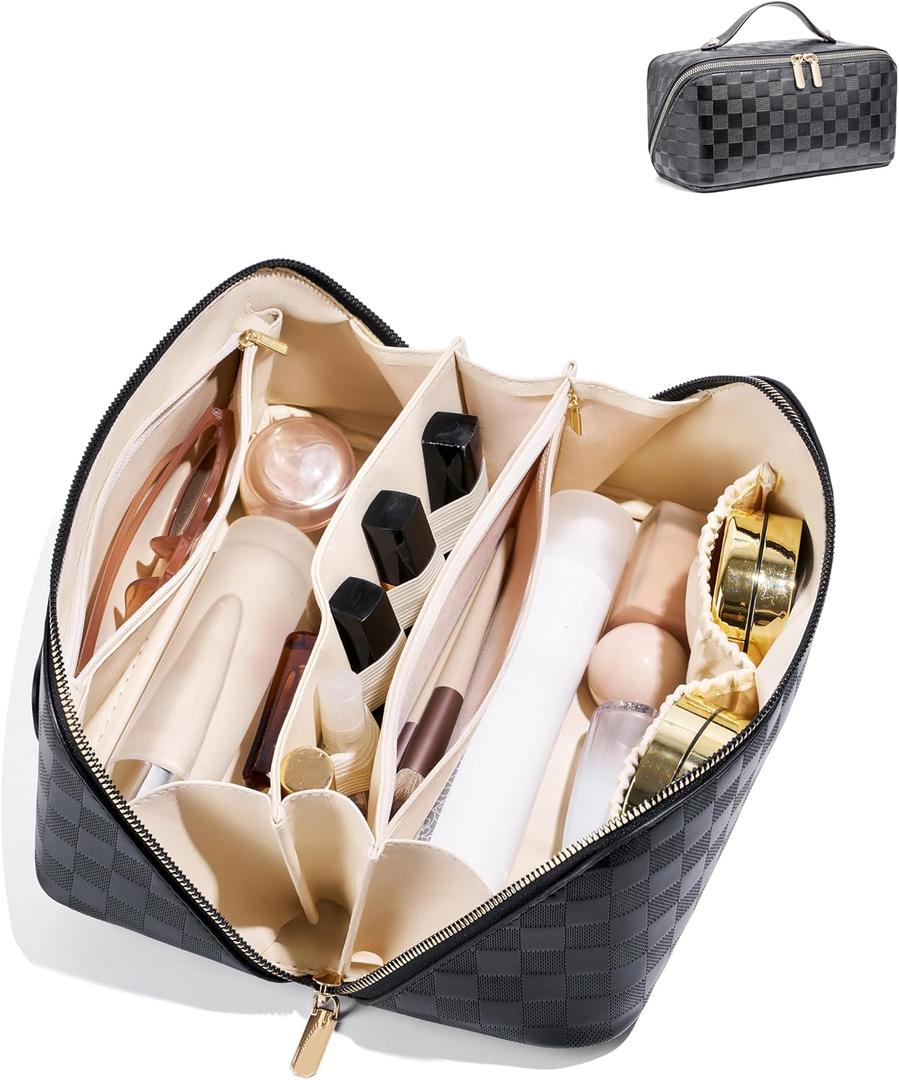 Large Capacity Travel Cosmetic Bag - Portable Makeup Bags for Women Waterproof PU Leather Checkered Makeup Organizer Bag with Dividers and Handle,Toiletry Bag for Cosmetics , Black