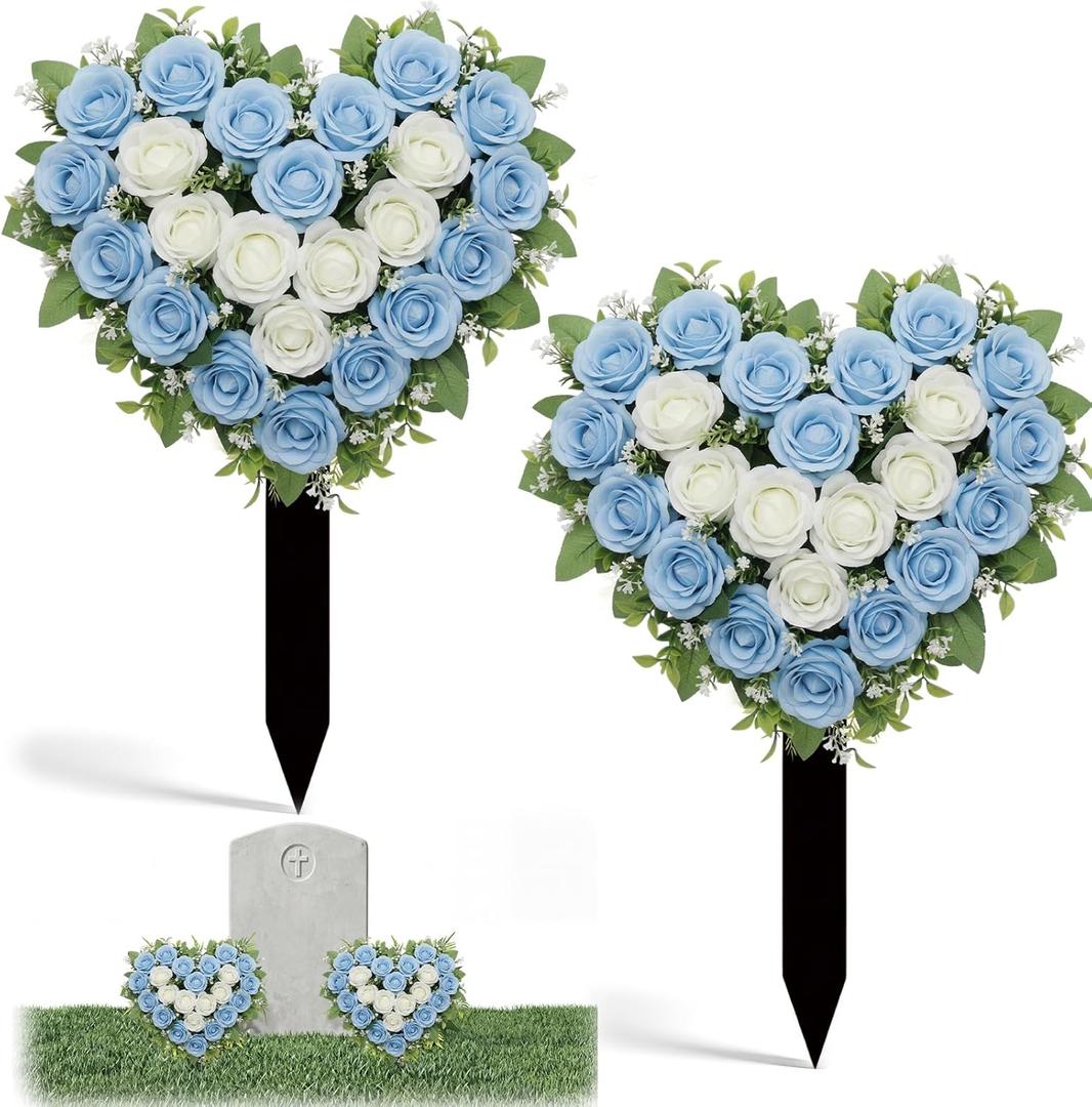 Frienda 2 Sets Artificial Cemetery Flowers Grave Stake Memorial Day Metal Gravesite Markers for Mom Dad, Outdoor Grave Spring Decorations(Heart,Blue,White)