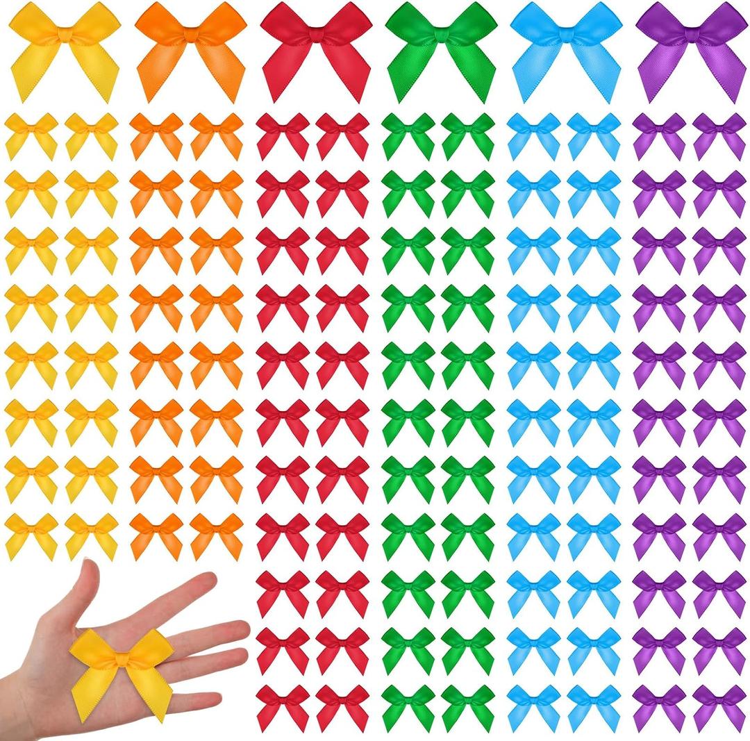 2 x 100 Pcs Rainbow Satin Ribbon Twist Tie Bows 2.5 Inch Premade Pride Day Bows for LGBT Party Favor Lesbian LGBT Gift Wrapping Treat Bags Crafts Pansexual Parade Carnival Party Decorations