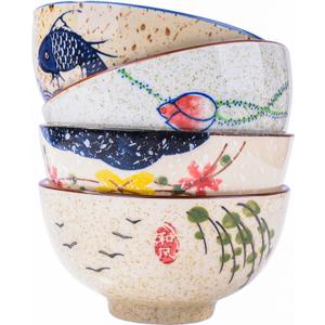 Whitenesser Japanese Retro Rice Bowls Set of 4 HandPainted Floral Design Ceramic Soup Sushi Bowls Small Cute Bowls