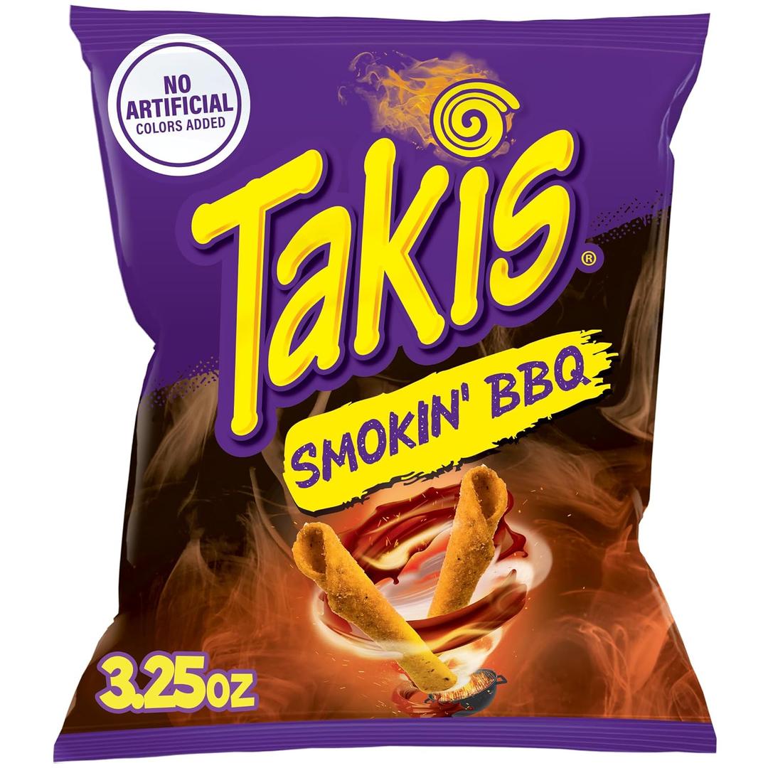 3 x Takis Smokin' BBQ 3.25 oz Snack Size Bag, Barbecue Baby Back Ribs Flavored Mild Tangy Rolled Tortilla Chips (EXP 10/31/26)