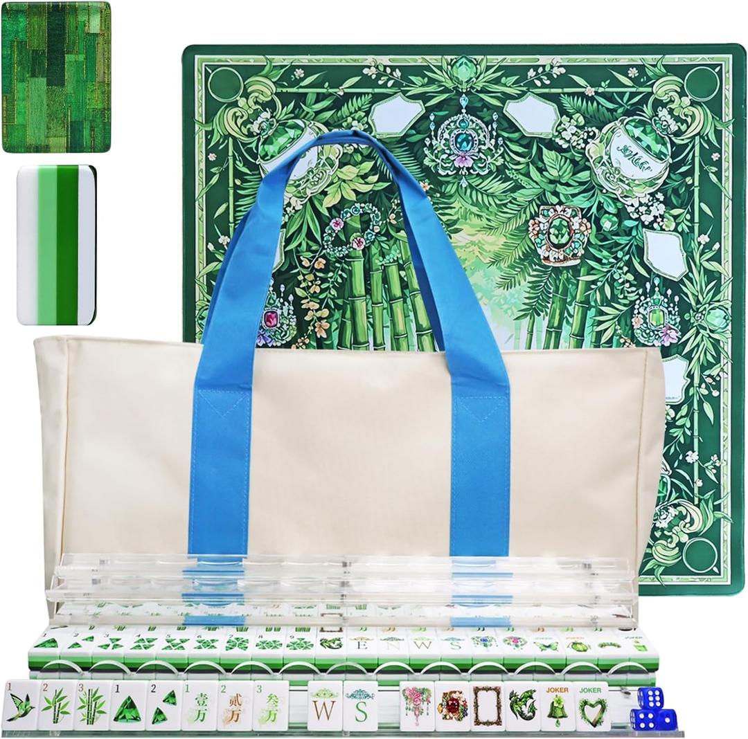 American Mahjong 4-Layer Acrylic Mahjong Set with Translucent Forest Green Backs, 2 Carrying Bags, 4 Acrylic Racks with Pushers, Mat – Portable Mahjong Set for Family Game Night & Travel, 0.9" × 1.26" × 0.63"