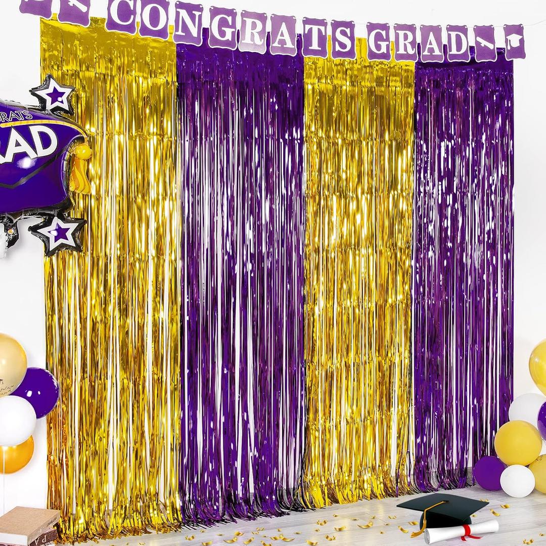 LOLStar Graduation Party Decoration, 2 Pack Purple and Gold 3.3x6.6 ft Foil Fringe Curtains, Tinsel Backdrop, Graduation Photo Booth Prop Streamer Backdrop for Class of 2026, Prom and Grad Party Decor