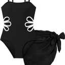 Girls Swimsuit, Adjustable Straps Cut Out One Piece Bathing Suit with Solid Color Cover Up Skirt Girls' Swimwear (15-16 Years, Black)