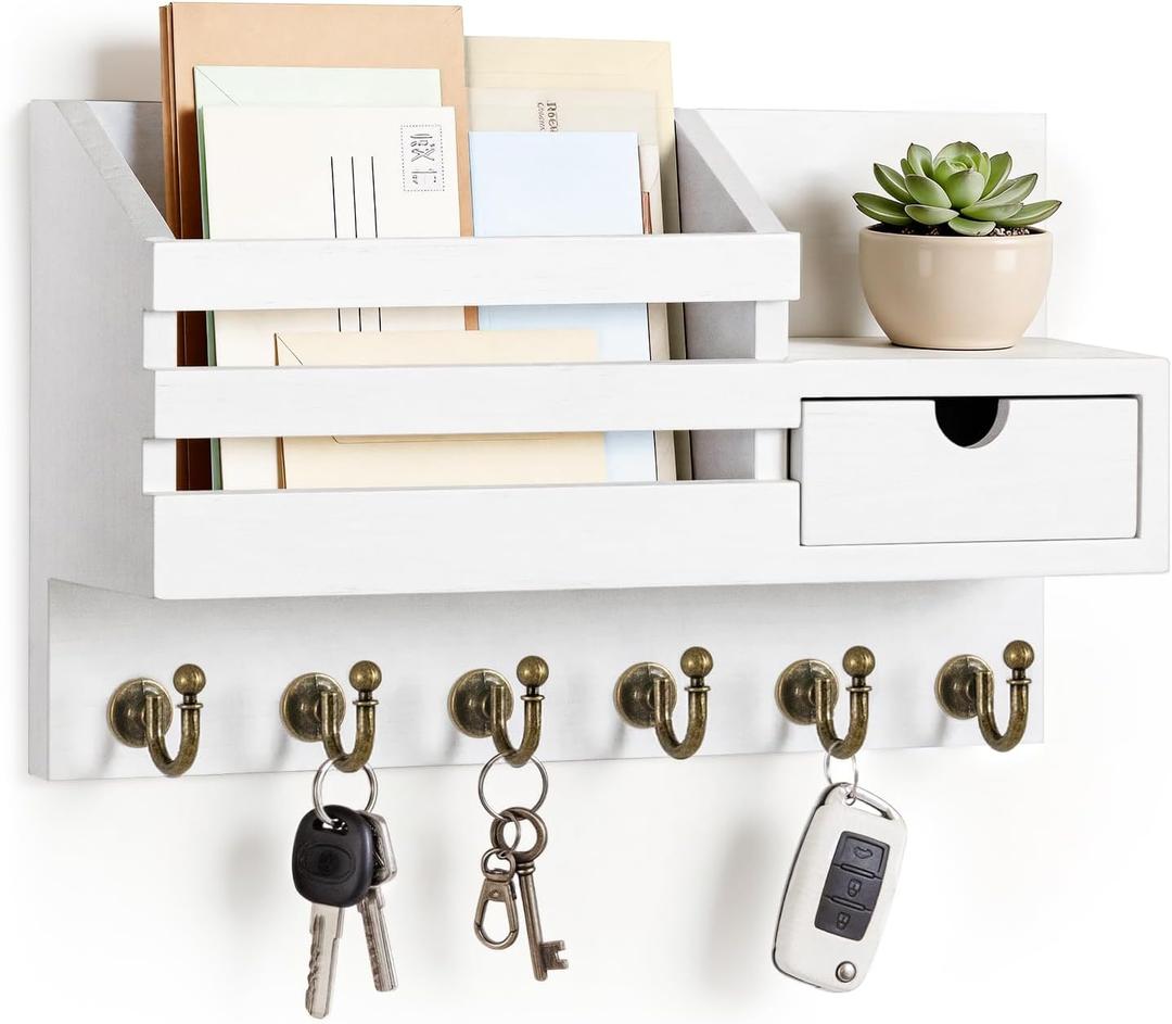 FifthQuarter Key Holder Wall Mount: Key and Mail Holder for Wall with 6 Hooks and Storage Drawer, Easy Installation Key Rack for Entryway Home Decor (A-White)